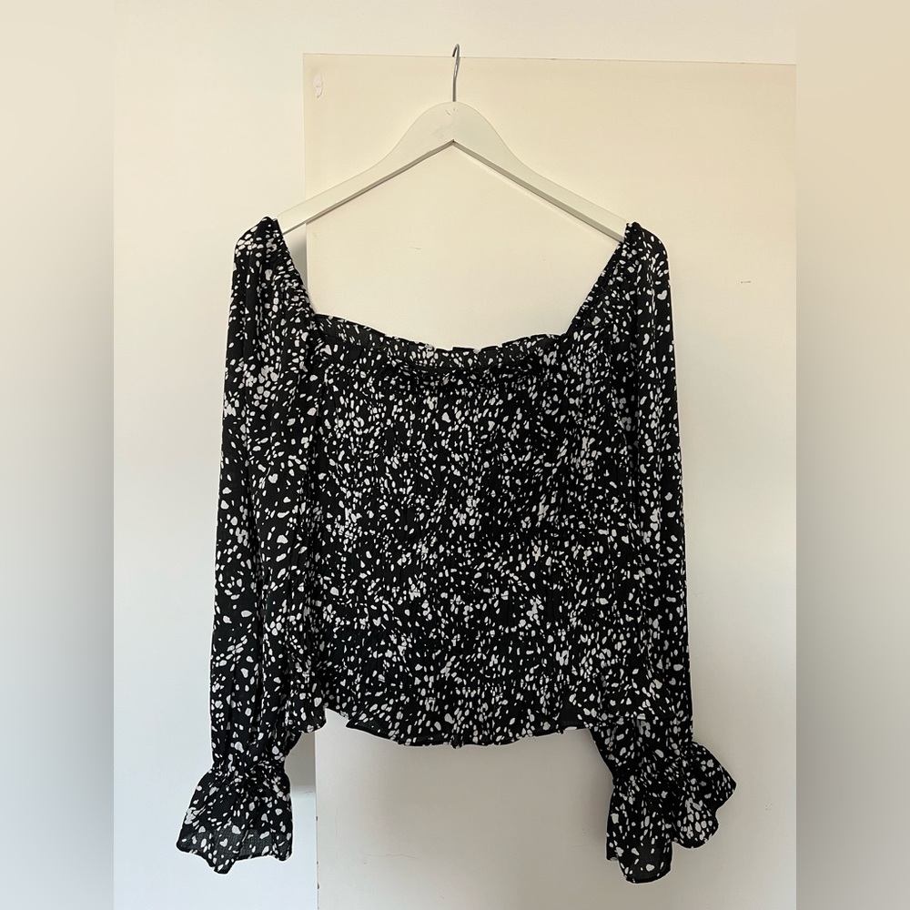 Peasant style, ruched polka dot blouse